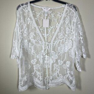 NWT! Lauren Conrad Women SS White Lace Floral Embroidered Cover-Up Sheer Top OS!